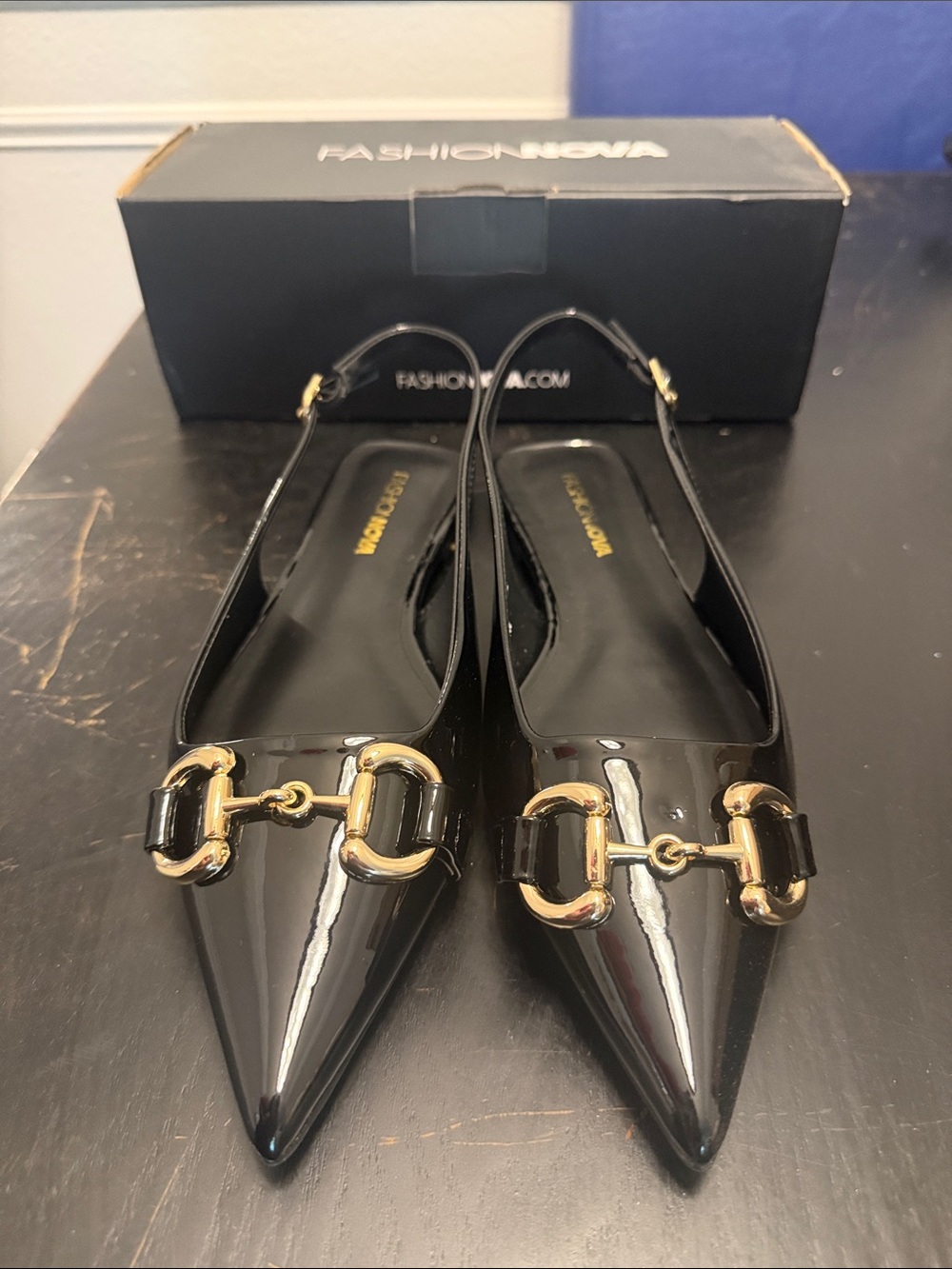 Fashion Nova Black Patent Pointed Toe Slingback Mules with Gold Hardware